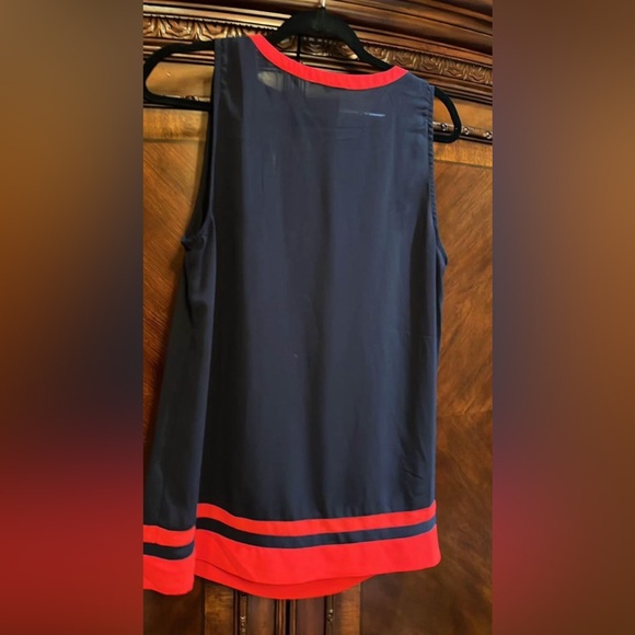 Navy Blue & Red Slightly Sheer Top Sz Large - Picture 4 of 4